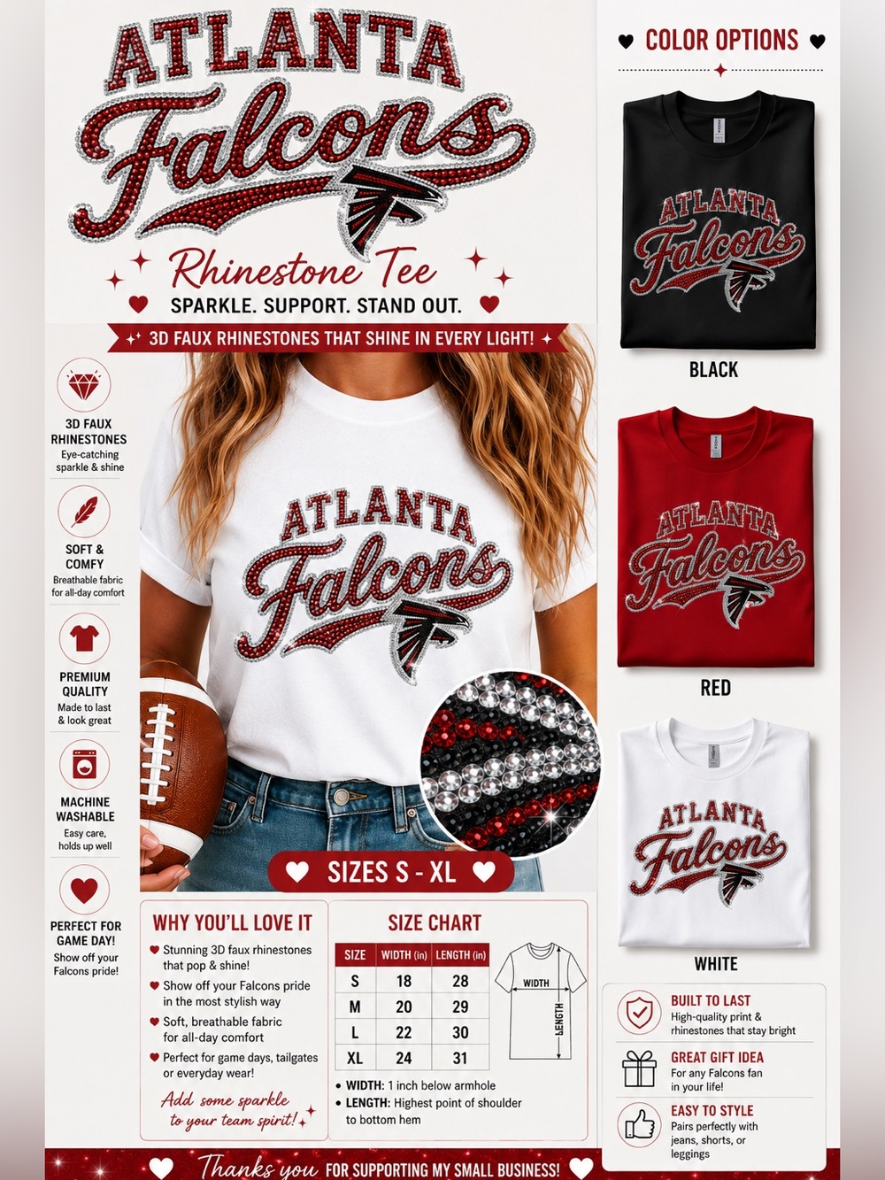 Falcons graphic tee shirt faux rhinestones S M L XL Pick one New cotton